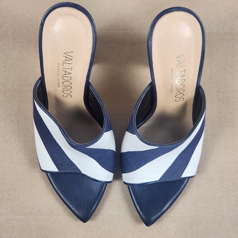 Paris Valtadoros Striped Mule Heels Women’s SZ 37 (US 6) Navy/White Block Heel